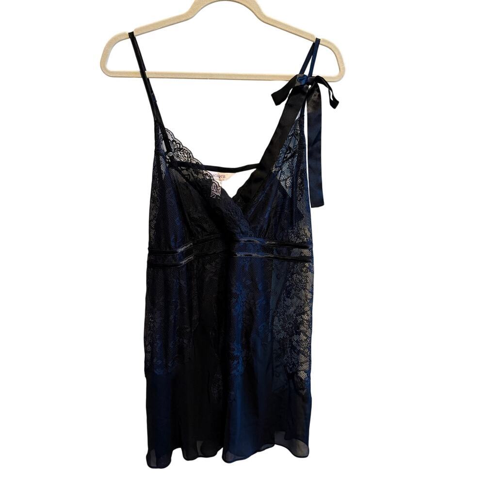 Cacique Black Lace Chemise Lingerie Adjustable Satin Tie Sheer Bodice Plus 18/20